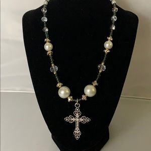 Gray and pearl cross necklace